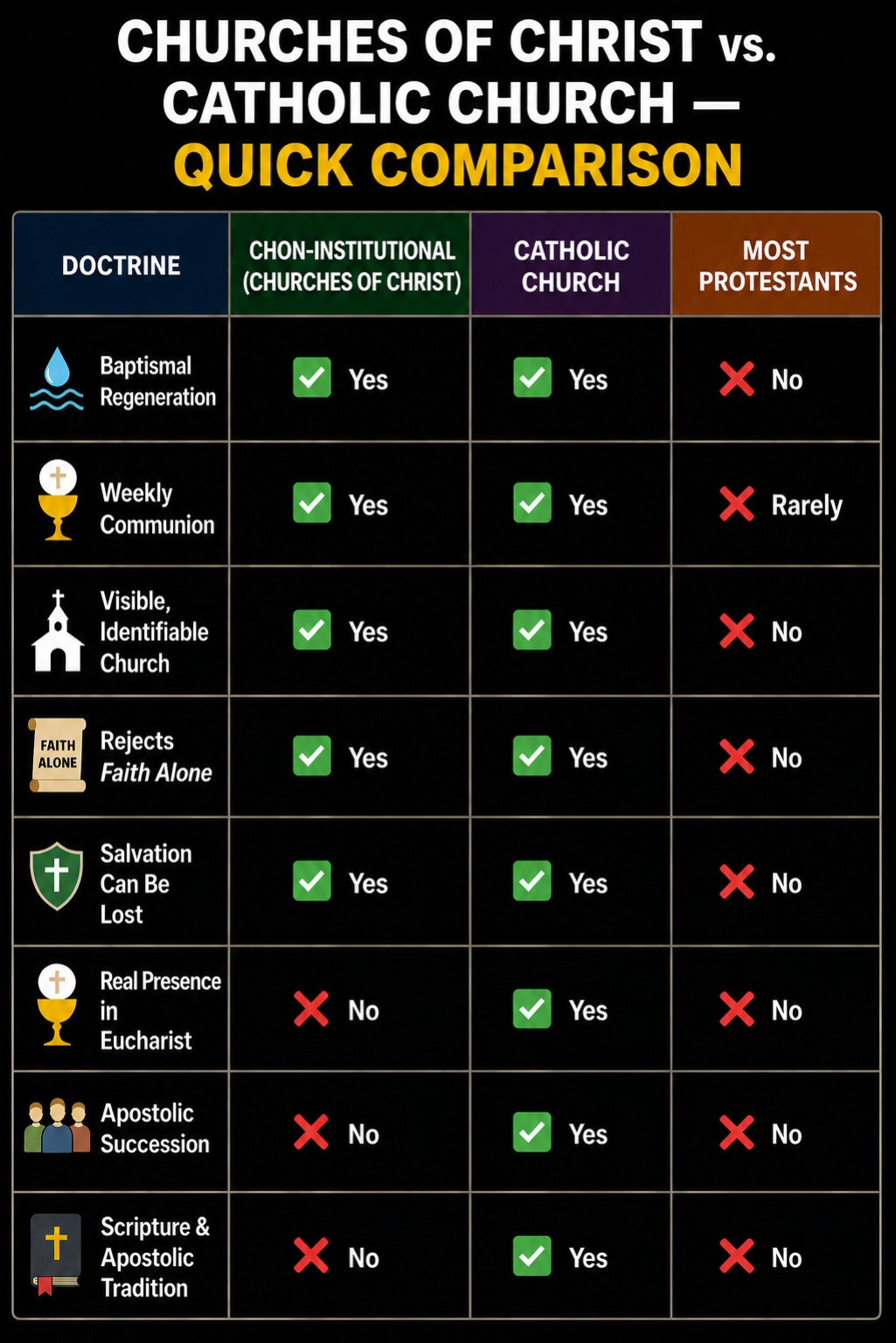 Quick comparison chart of non-institutional churches of Christ, the Catholic Church, and most Protestants on baptismal regeneration, weekly communion, visible Church, faith alone, salvation, the Real Presence, apostolic succession, and apostolic tradition.