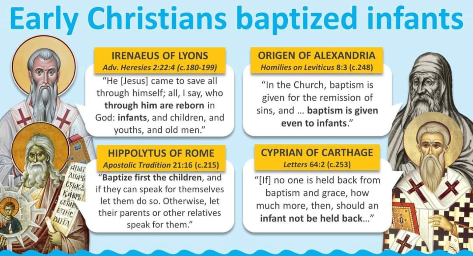 Early Christians baptized infants — quotations from Irenaeus, Origen, Hippolytus, and Cyprian