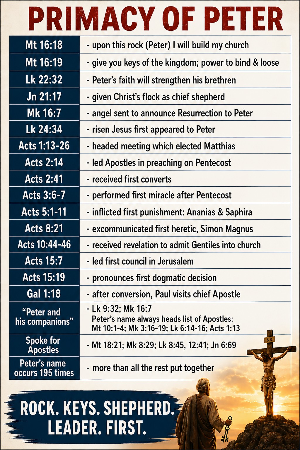 Primacy of Peter chart listing New Testament passages concerning Peter's leadership among the apostles